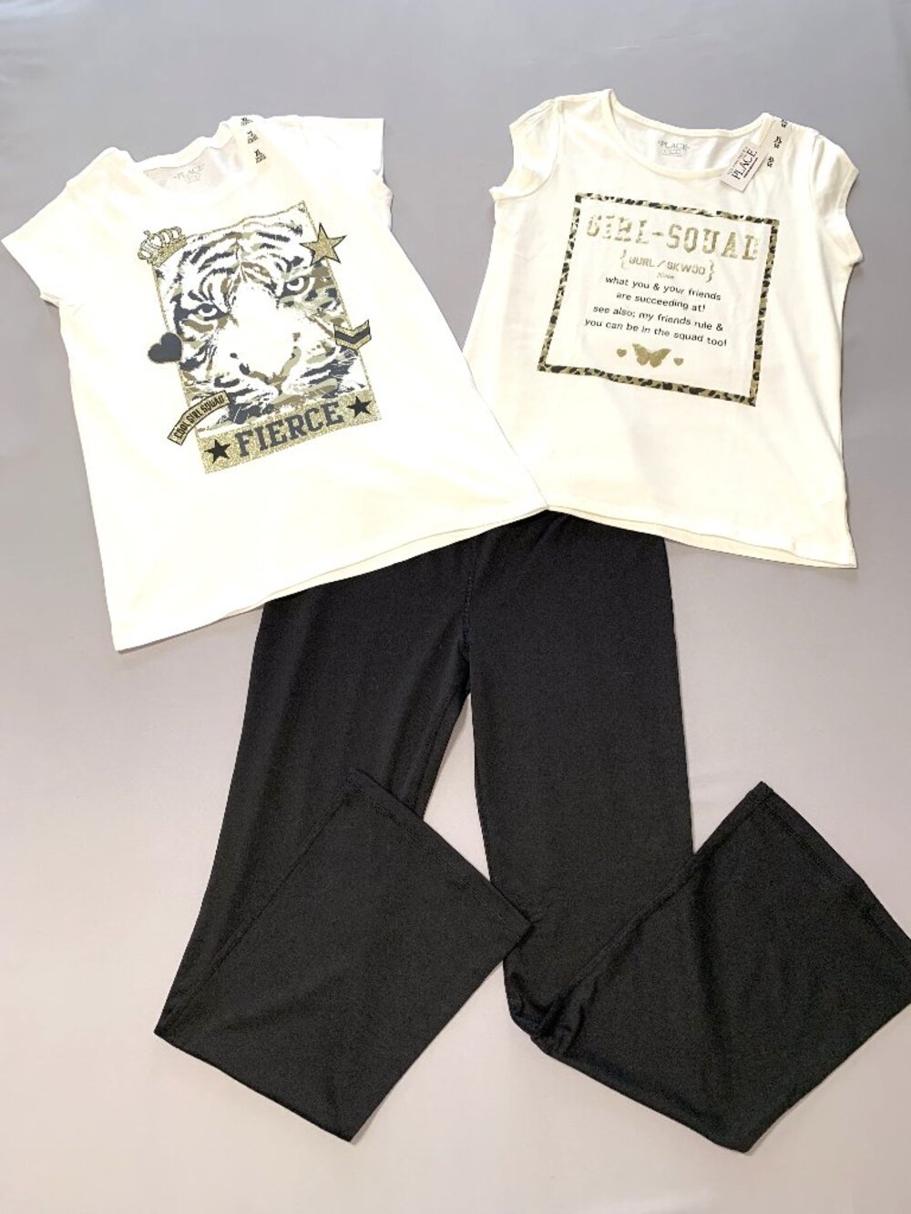Brand New 3 Piece Girls Black Flare Pants Graphic Tee Short Sleeves Size 14/16